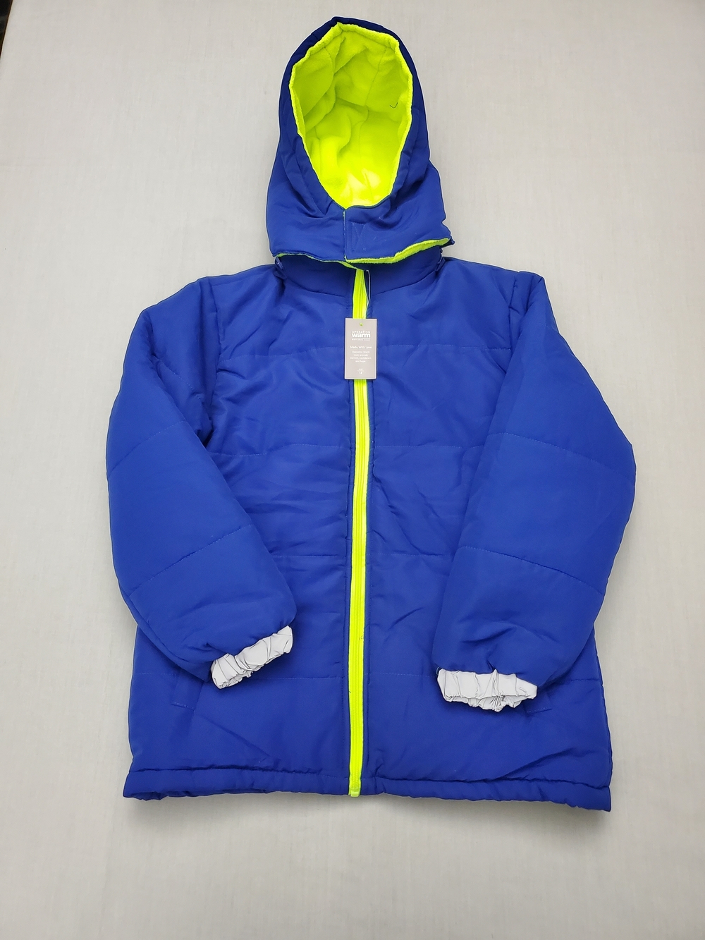 Kids Operation Warm Hooded Puffer Jacket - Blue with Neon Yellow Trim Size 18